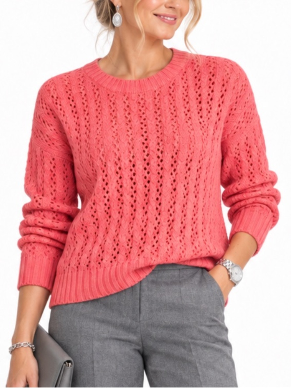 Talbots Women’s Coral Pink Pointelle Open Knit Crewneck Sweater SZ LG